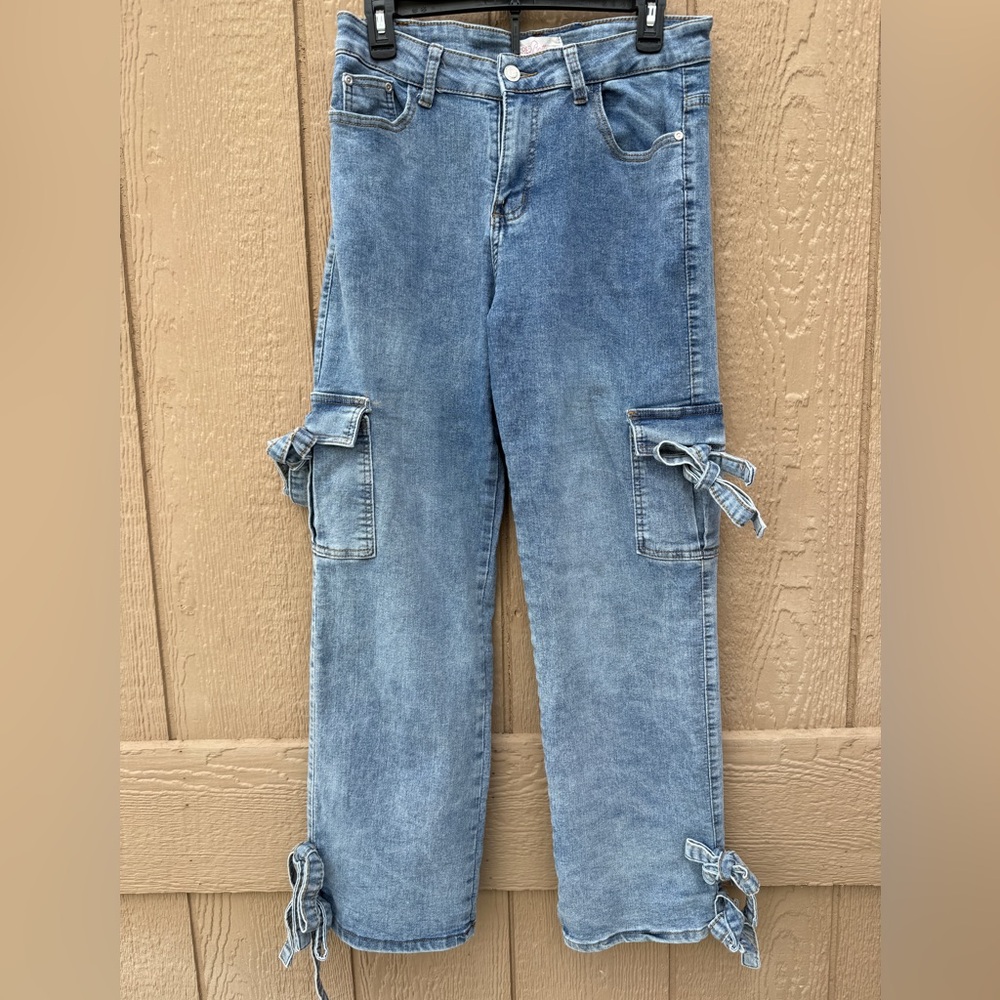 Light Wash Denim Cargo Jeans with Tie Details - Picture 1 of 8